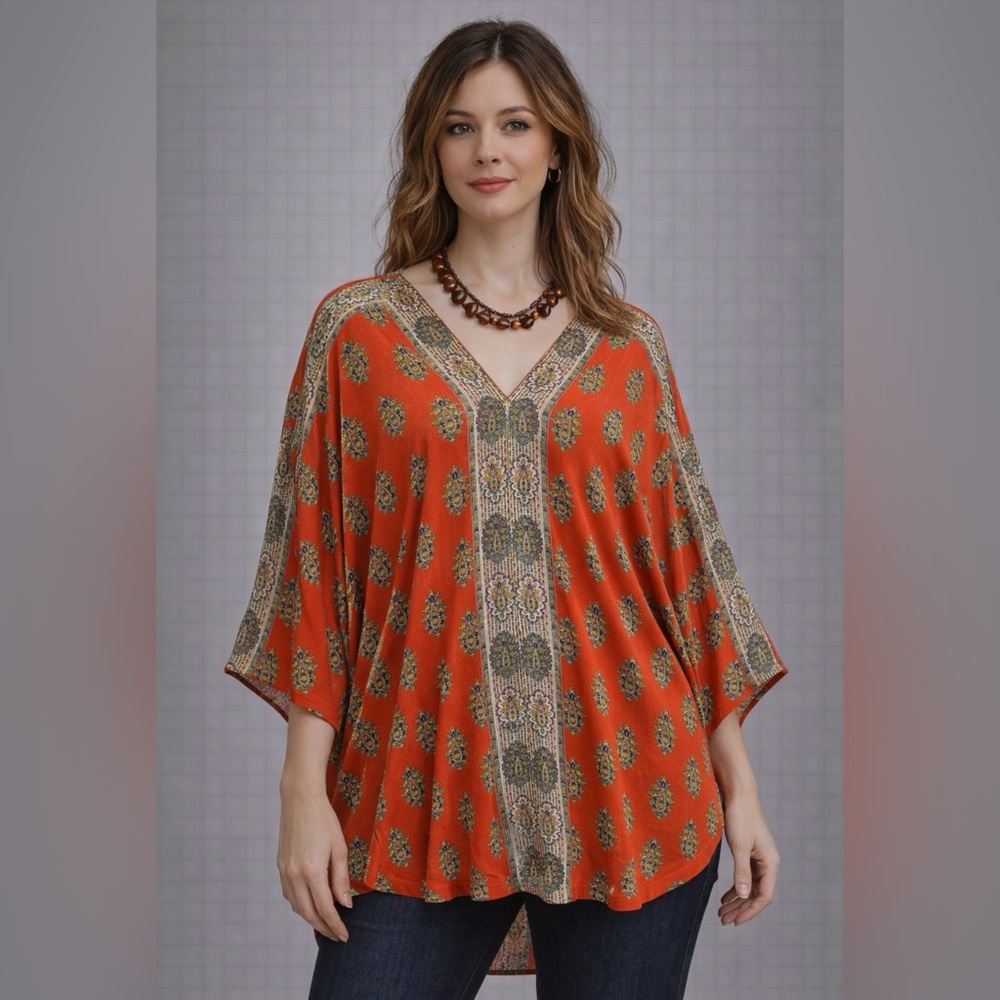 Rose + Olive Orange Boho Print V-Neck Blouse – Size 1X